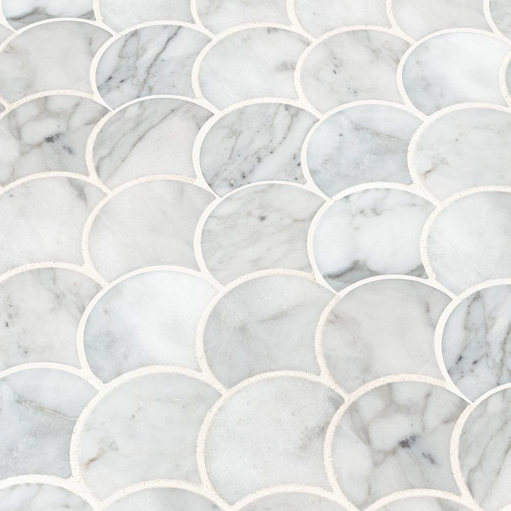 MSI Calacatta Blanco Scallop 12.8 In. X 10.43 In. X 10mm Polished Marble Mesh-Mounted Mosaic Tile (9.3 Sq. Ft. / Case) 6 MSI Calacatta Blanco Scallop 12.8 In. X 10.43 In. X 10mm Polished Marble Mesh-Mounted Mosaic Tile (9.3 Sq. Ft. / Case) - Image 4