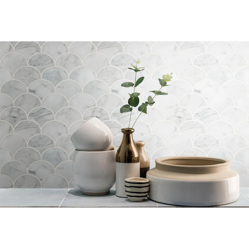 MSI Calacatta Blanco Scallop 12.8 In. X 10.43 In. X 10mm Polished Marble Mesh-Mounted Mosaic Tile (9.3 Sq. Ft. / Case) 4 MSI Calacatta Blanco Scallop 12.8 In. X 10.43 In. X 10mm Polished Marble Mesh-Mounted Mosaic Tile (9.3 Sq. Ft. / Case) - Image 2