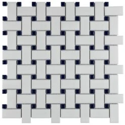 Merola Tile Metro Basketweave Matte White With Cobalt Dot 11-3/4 In. X 11-3/4 In. Porcelain Mosaic Tile (19.58 Sq. Ft./Case)