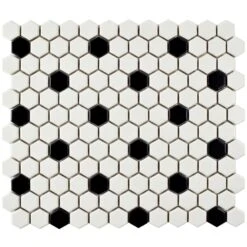 Merola Tile Metro Hex Matte White With Black Dot 10-1/4"x11-7/8" X 6mm Porcelain Mosaic Tile (8.65 Sq. Ft. / Case) -Discount Flooring Store 7e3d75beb542dc4c5a526d7823640dc9 cc1cc9c9 40ee 48a4 9592 4b0851090cbe 1800x1800